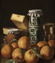 Nature morte avec oranges, pots et boîtes de douceurs